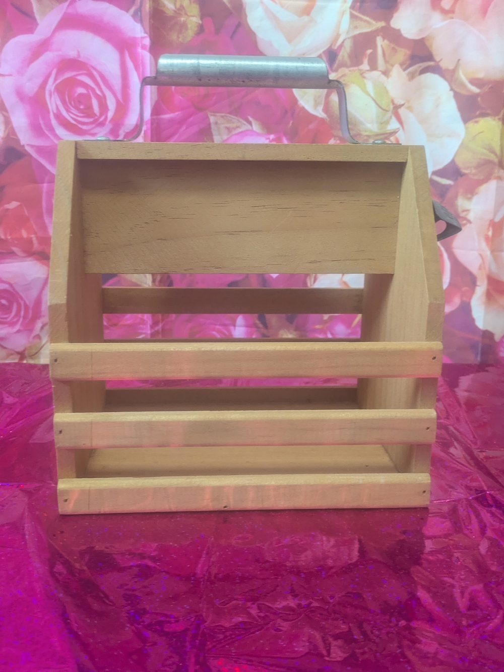 Wood Slatted Tote with Metal Handle - Natural Wood Caddy W Bottle Opener